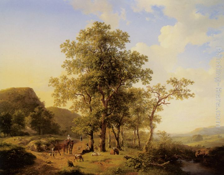 A Treelined River Landscape with Figures and Cattle an a Path painting - Hendrikus van den Sande Bakhuyzen A Treelined River Landscape with Figures and Cattle an a Path art painting